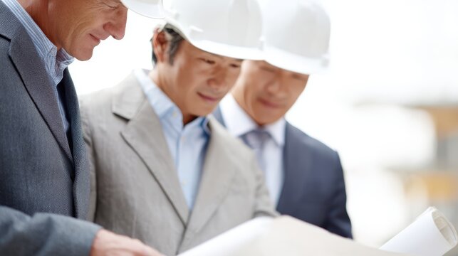 A team of architects reviewing blueprints on a construction site, professional and collaborative.