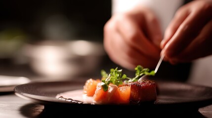 A chef meticulously garnishing a gourmet dish in a high-end restaurant kitchen.