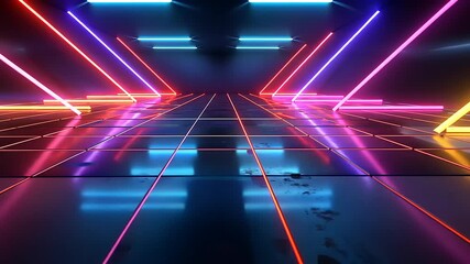 Abstract neon tunnel with glowing lines and reflections, futuristic background for digital content - Powered by Adobe