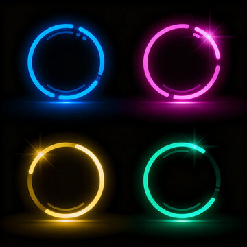 Four glowing neon circles in blue, pink, yellow, and green are arranged on a dark background with light reflections.