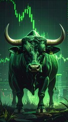 Powerful, stylized green bull stands before a financial chart