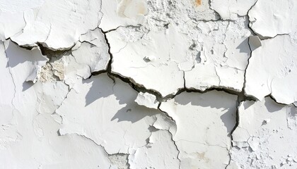 Fototapeta premium Textured showcasing a weathered, peeling white painted wall, revealing the cracked surface beneath, with shadows adding depth and highlighting the damage.