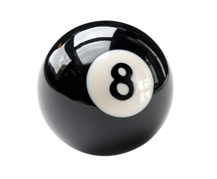 Close up of an eight ball on a black background.