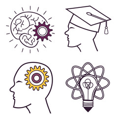 Set of four educational and intellectual concept icons isolated on white background