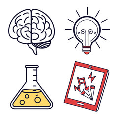 Collection of icons representing ideas and learning isolated on white background