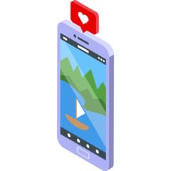 Purple Smartphone Displaying A Scenic Landscape With A Sailboat And A Red Heart Notification Icon Floating Above Isolated On A White Background