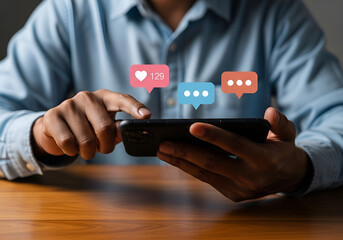 Person using smartphone with social media icons like heart and chat bubbles floating above