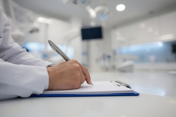 Close up of a medical professional in a white coat writing notes on a clipboard in a brightly lit hospital or clinic setting