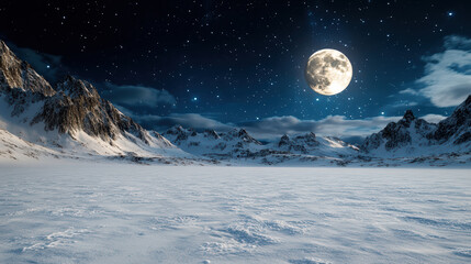 Naklejka premium Serene snowy landscape under glowing full moon, surrounded by majestic mountains