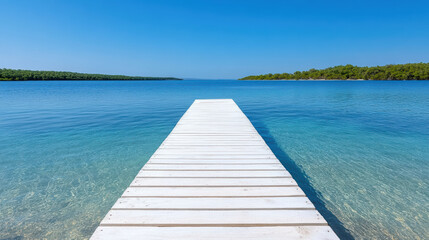 Obraz premium Serene wooden jetty extends into calm blue water, surrounded by lush greenery, creating peaceful
