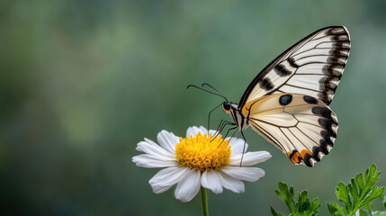 Fototapeta premium Beautiful butterfly resting white flower with soft green background, showcasing nature elegance