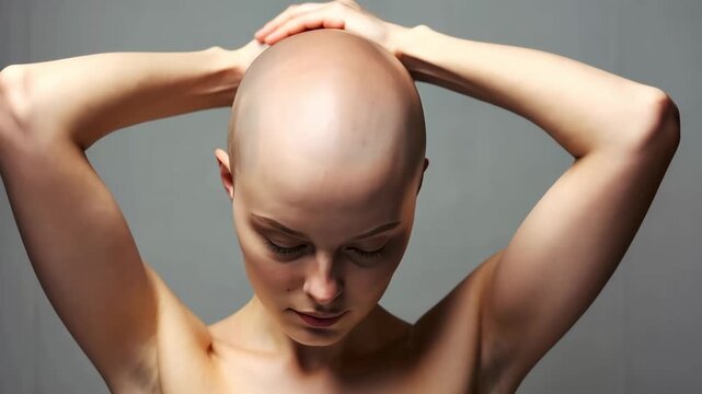 Bald woman looking directly with intense gaze, hands on head. A bald woman touches her head. Hair loss due to illness. Concept of empowerment, beauty, identity