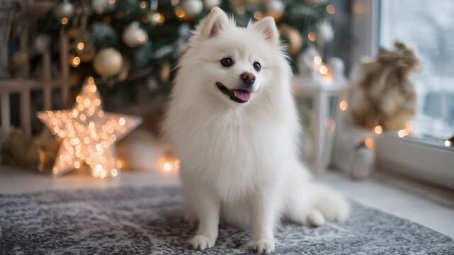 White fluffy dog pomeranian sitting by decorated Christmas tree with warm holiday lights cozy fur and festive bokeh on rug