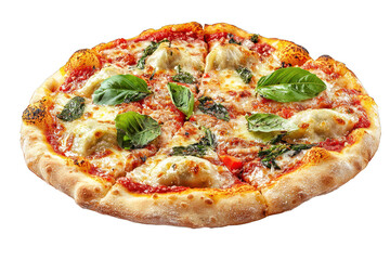 Delicious pizza margherita with basil and mozzarella cheese on transparent background