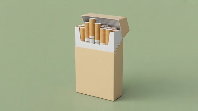 Open cigarette pack with brown cigarettes on green background
