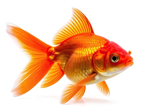 A vibrant orange fantail goldfish with flowing fins on a white background