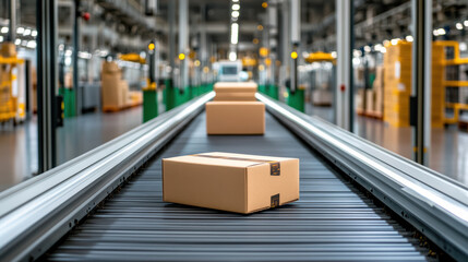 Automated package sorting system with boxes on conveyor belt in warehouse
