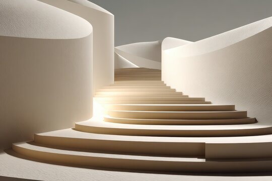 An abstract architectural staircase with smooth, curved walls and sunlight, creating a minimalist and elegant design, inviting ascent and exploration of form and space.
