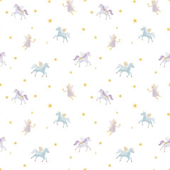 Seamless watercolor pattern with cute fairies, unicorns, and golden stars. Perfect for baby girl nursery decor, kids room textiles, wallpapers, pajamas, and magical themed products.