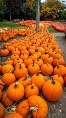 A vast field overflowing with bright orange gourds, ready for harvest in the fall
