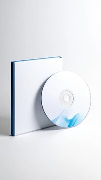 Blank white disk with blue swirl art leans against a white media case with a blue spine on a white background