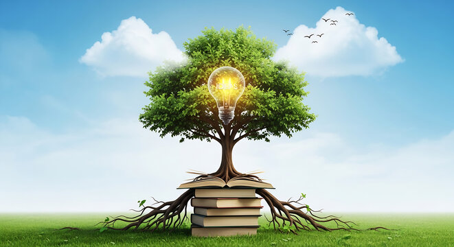 Vibrant Tree of Knowledge with Glowing Light Bulb Emerging from Books on Green Field