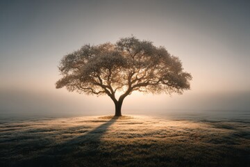 A solitary tree stands majestically silhouetted against a soft, diffused light, casting long shadows across a grassy field, creating a serene and ethereal landscape.