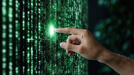 Digital hologram glowing with binary code while hand interacts with it, creating futuristic vibe