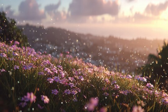 Fototapeta A serene field of pink flowers during golden hour with a hillside cityscape backdrop, evoking feelings of peace, tranquility, and the beauty of nature.