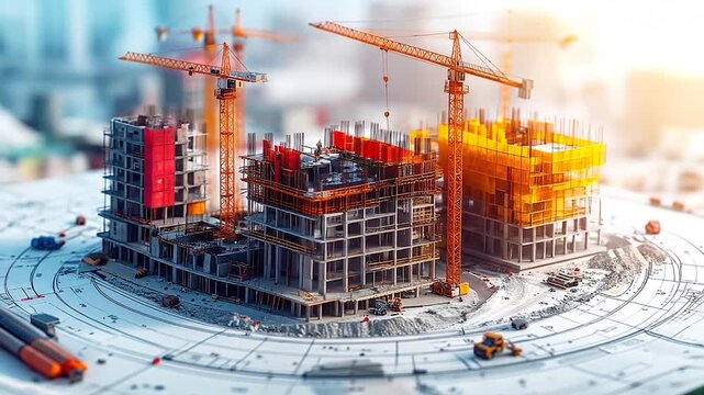 Miniature construction site model with buildings, cranes, vehicles, and blueprints on a table