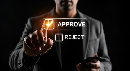 Businessman pressing approve button on virtual screen with reject option available
