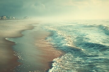 Obraz premium Tranquil morning on a hazy beach with gentle waves and distant coastal houses.