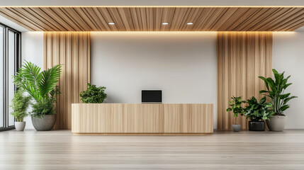 Fototapeta premium Modern office reception area with wooden accents and plants, creating welcoming atmosphere