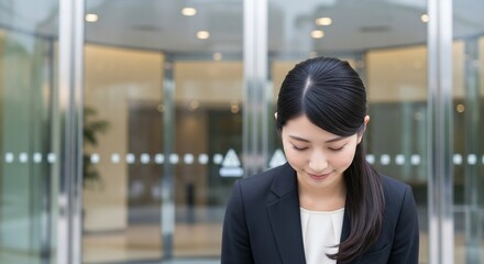 Fototapeta premium 企業のおもてなし：エントランスでお辞儀する日本人女性社員の接客マナー（お見送り・お出迎え）