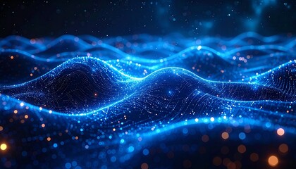 Abstract digital waves of glowing blue particles and bokeh lights, representing data flow and connectivity in a futuristic network