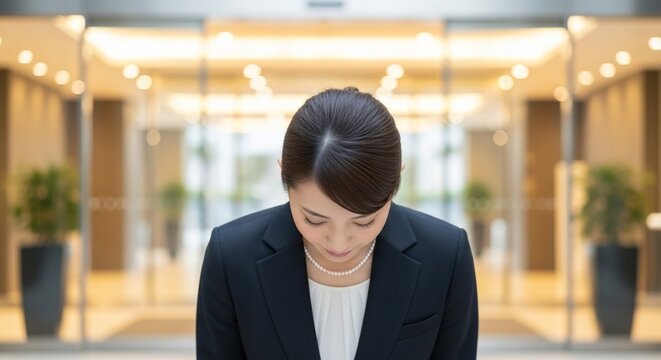 企業のおもてなし：エントランスでお辞儀する日本人女性社員の接客マナー（お見送り・お出迎え）