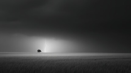 A vast wheat field under a stormy sky, where a single, powerful lightning strike is shaped like a tree.