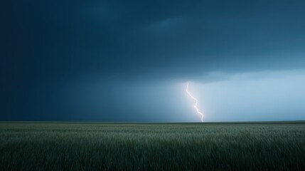 A vast wheat field under a stormy sky, where a single, powerful lightning strike is shaped like a tree.