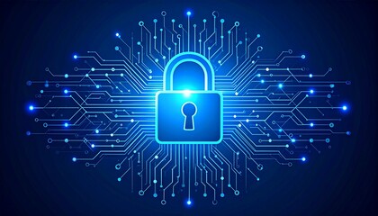 Digital security concept with a glowing padlock surrounded by abstract circuitry on a dark blue background, representing data protection and cyber safety
