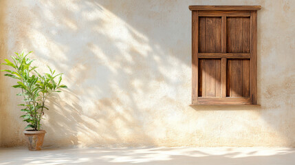 Wooden lattice window casts soft shadows on textured wall, complemented by potted plant