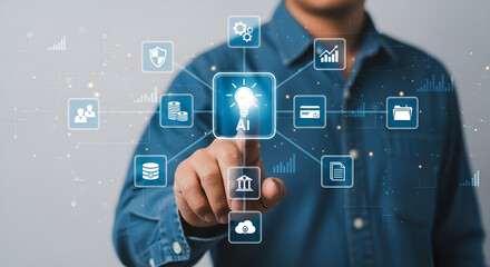 Person interacting with digital interface and futuristic technology icons in augmented reality