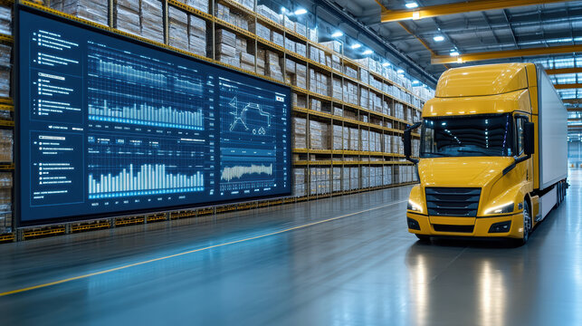 Efficient logistics dashboard with real time analytics and yellow truck in warehouse