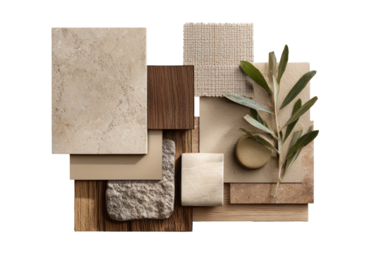 Beige, brown, and stone material samples