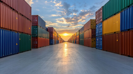 Fototapeta premium Colorful shipping containers lined up in container yard at sunset, creating vibrant scene