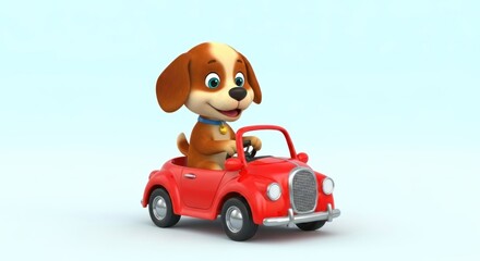 Adorable 3D Cartoon Dog Character Driving a Red Classic Car on a Light Blue Background