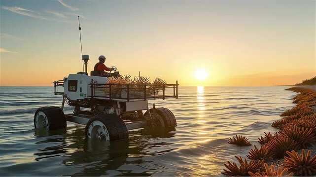 Amphibious rover robot coast and shoreline ocean and sea coral restoration, marine conservation, reef research sunset golden light eco technology