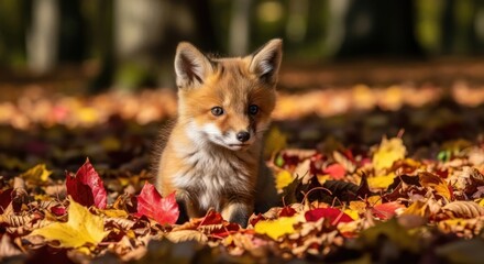 Adorable red fox cub nestled among colorful autumn leaves in a sunny forest setting