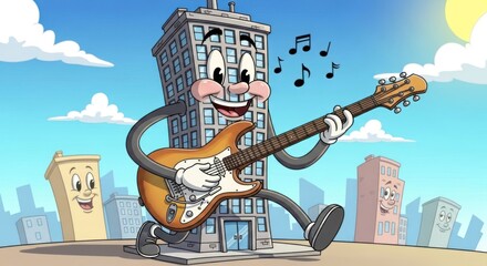 Cartoon Building Character Playing Guitar with musical notes and city landscape background