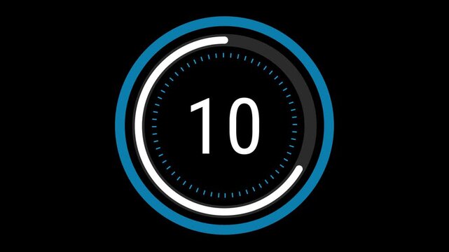 15-second sleek blue and white countdown with a rotating dashed inner ring, a pulsating outer circle, and a decreasing time gauge on a black background. 4K Motion Graphics.