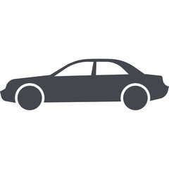 Dark Gray Silhouette of a Sedan Car with White Wheels on a Transparent Background for Graphic Design and Automotive Concepts